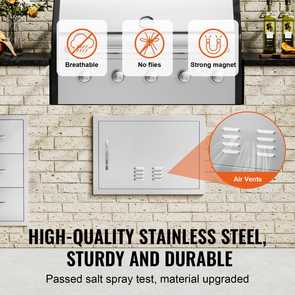 BBQ Access Door, 24W x 17H Inch Single Outdoor Kitchen Door, Stainless Steel Flush Mount Door, Wall Vertical Door with Handle and vents, for BBQ Island, Grilling Station, Outside Cabinet