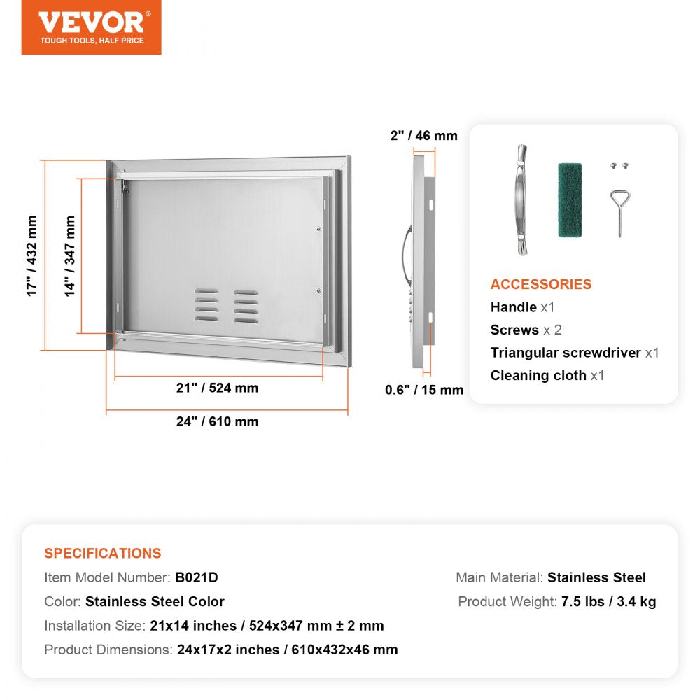 BBQ Access Door, 24W x 17H Inch Single Outdoor Kitchen Door, Stainless Steel Flush Mount Door, Wall Vertical Door with Handle and vents, for BBQ Island, Grilling Station, Outside Cabinet