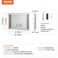 BBQ Access Door, 24W x 17H Inch Single Outdoor Kitchen Door, Stainless Steel Flush Mount Door, Wall Vertical Door with Handle and vents, for BBQ Island, Grilling Station, Outside Cabinet