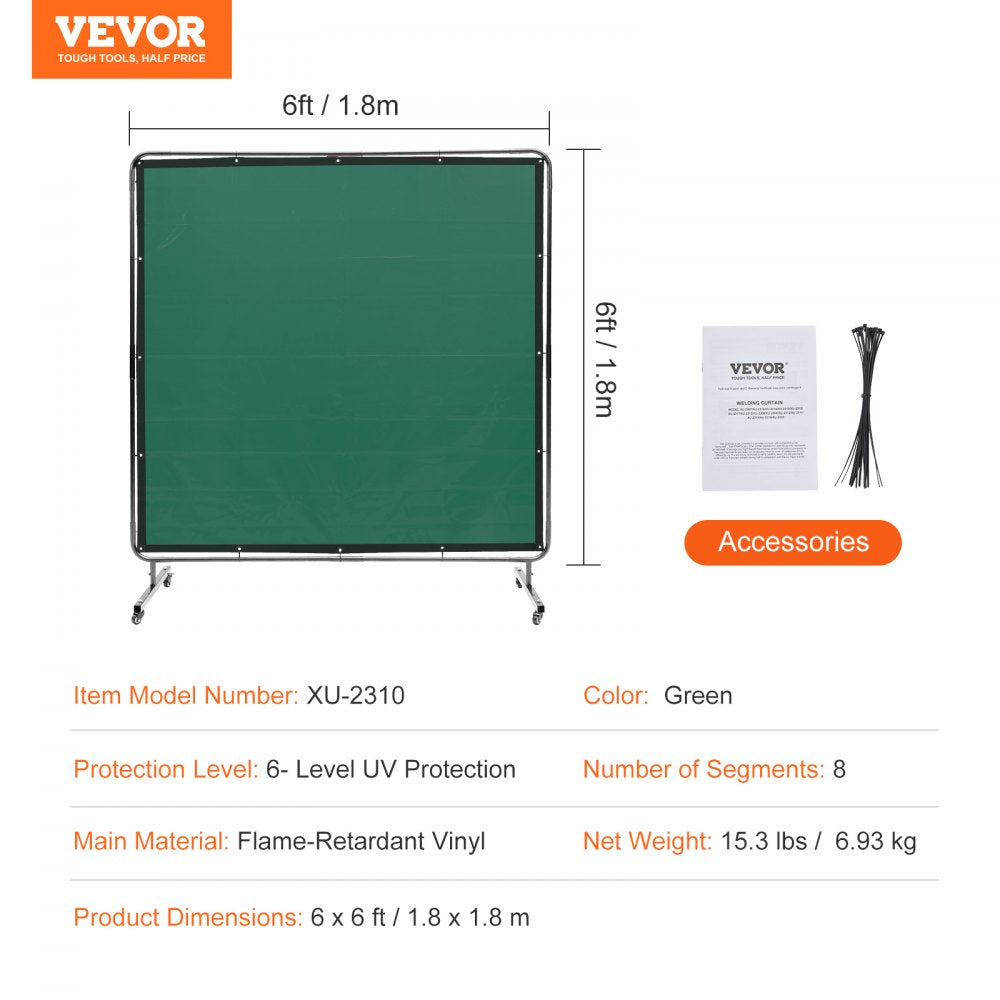 Welding Screen with Frame, 6` x 6` Welding Curtain Screen, Flame-Resistant Vinyl Welding Protection Screen on 4 Swivel Wheels (2 Lockable), Moveable & Professional for Workshop/Industrial, Green