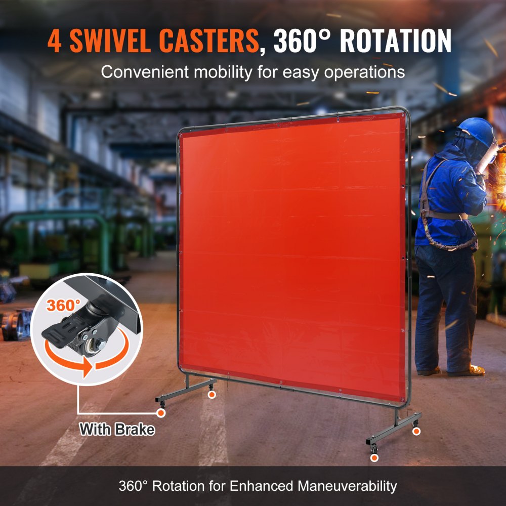 Welding Screen with Frame, 6` x 6` Welding Curtain Screen, Flame-Resistant Vinyl Welding Protection Screen on 4 Swivel Wheels (2 Lockable), Moveable & Professional for Workshop/Industrial, Red