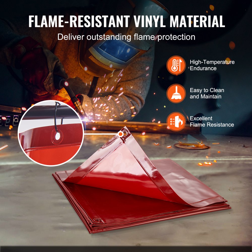 Welding Screen with Frame, 6` x 6` Welding Curtain Screen, Flame-Resistant Vinyl Welding Protection Screen on 4 Swivel Wheels (2 Lockable), Moveable & Professional for Workshop/Industrial, Red