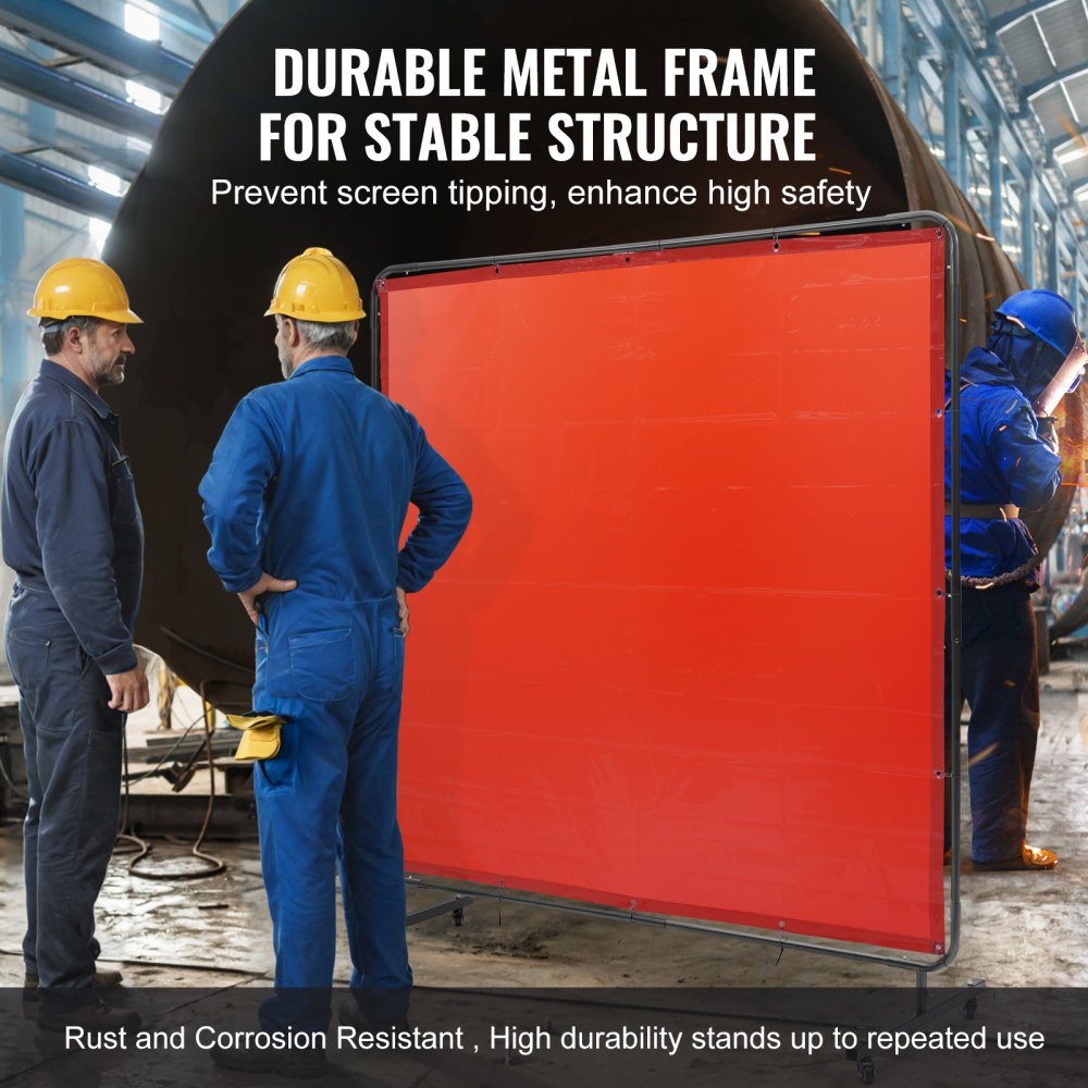 Welding Screen with Frame, 6` x 6` Welding Curtain Screen, Flame-Resistant Vinyl Welding Protection Screen on 4 Swivel Wheels (2 Lockable), Moveable & Professional for Workshop/Industrial, Red