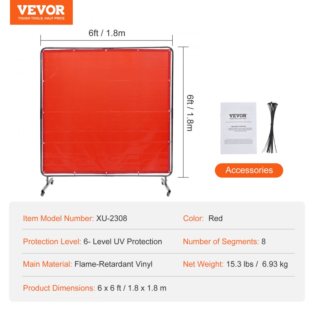Welding Screen with Frame, 6` x 6` Welding Curtain Screen, Flame-Resistant Vinyl Welding Protection Screen on 4 Swivel Wheels (2 Lockable), Moveable & Professional for Workshop/Industrial, Red
