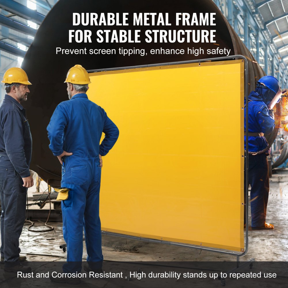 Welding Screen with Frame, 6` x 8` Welding Curtain Screen, Flame-Resistant Vinyl Welding Protection Screen on 4 Swivel Wheel (2 Lockable), Moveable & Professional for Workshop/Industrial, Yellow