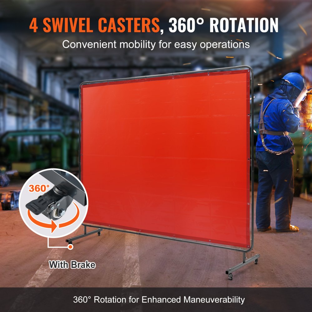 Welding Screen with Frame, 6` x 8` Welding Curtain Screen, Flame-Resistant Vinyl Welding Protection Screen on 4 Swivel Wheels (2 Lockable), Moveable & Professional for Workshop/Industrial, Red