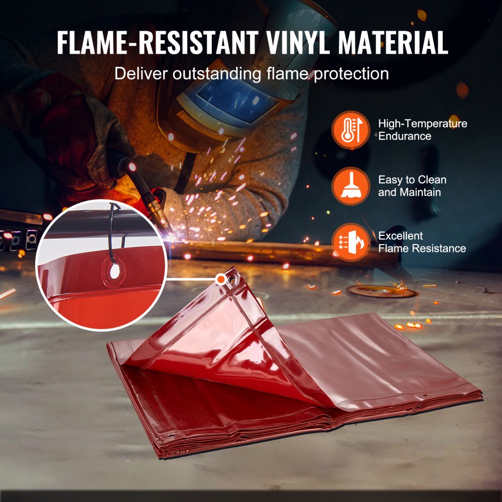 Welding Screen with Frame, 6` x 8` Welding Curtain Screen, Flame-Resistant Vinyl Welding Protection Screen on 4 Swivel Wheels (2 Lockable), Moveable & Professional for Workshop/Industrial, Red
