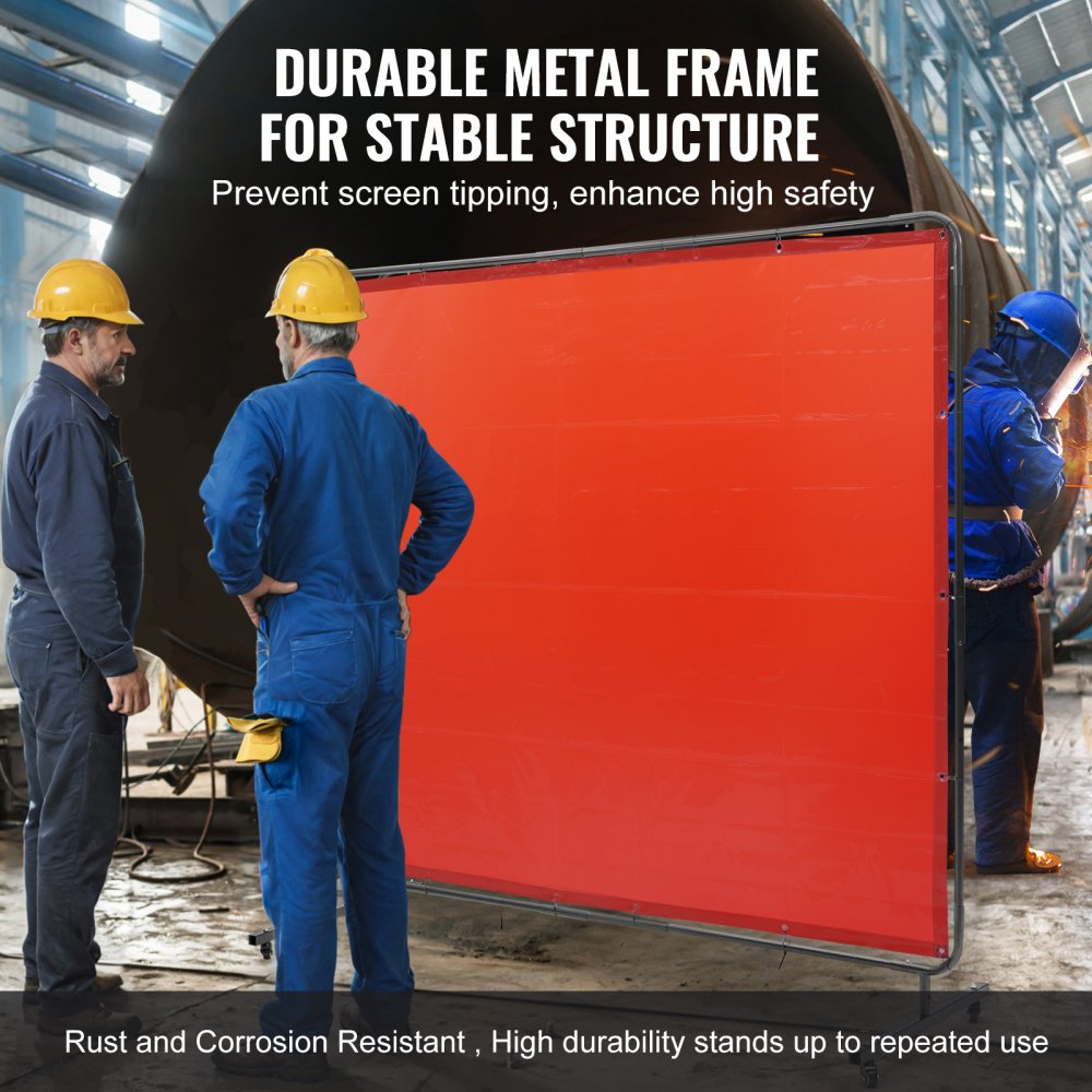 Welding Screen with Frame, 6` x 8` Welding Curtain Screen, Flame-Resistant Vinyl Welding Protection Screen on 4 Swivel Wheels (2 Lockable), Moveable & Professional for Workshop/Industrial, Red