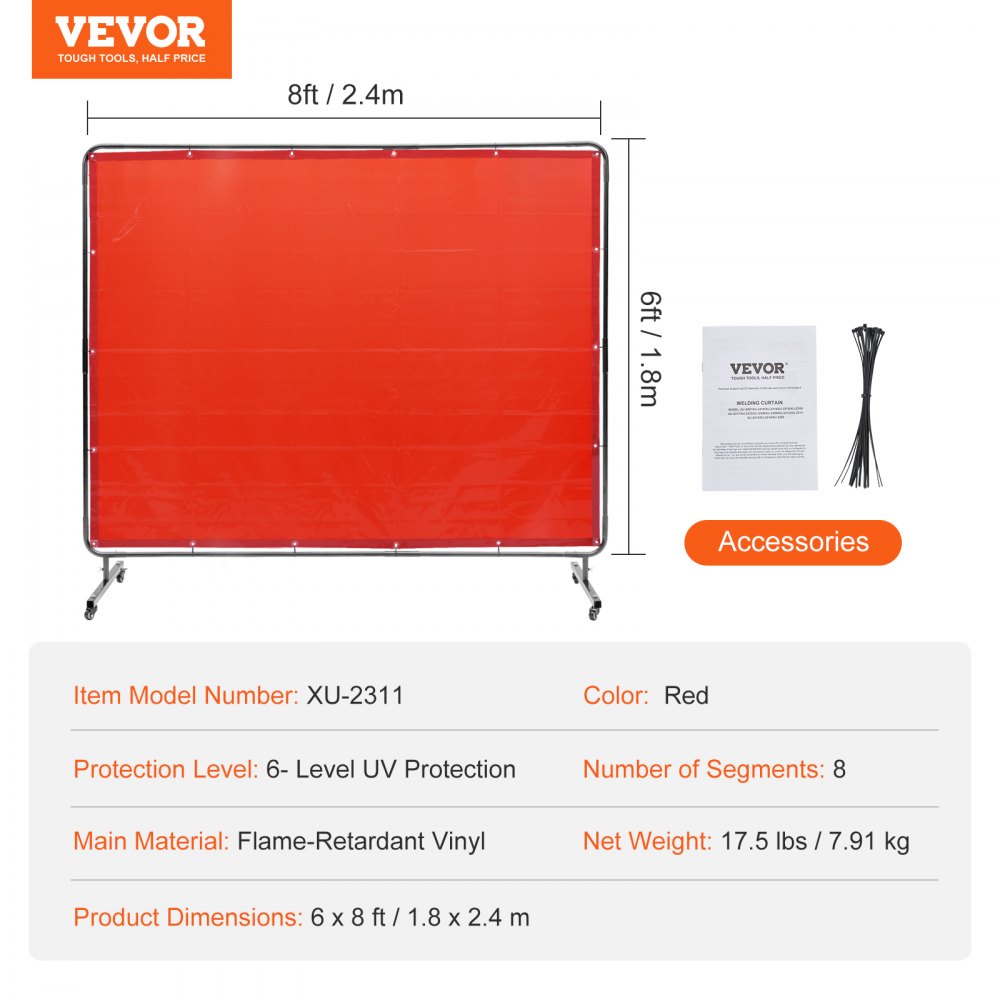 Welding Screen with Frame, 6` x 8` Welding Curtain Screen, Flame-Resistant Vinyl Welding Protection Screen on 4 Swivel Wheels (2 Lockable), Moveable & Professional for Workshop/Industrial, Red