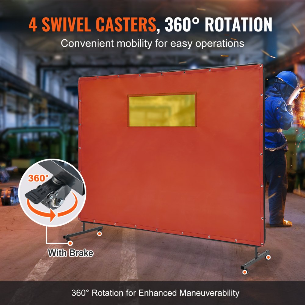 Welding Screen with Frame, 6` x 8` Welding Curtain Screens, Flame-Resistant Vinyl Welding Protection Screen with 4 Swivel Wheels (2 Lockable) & Transparent Window for Workshop/Industrial, Red
