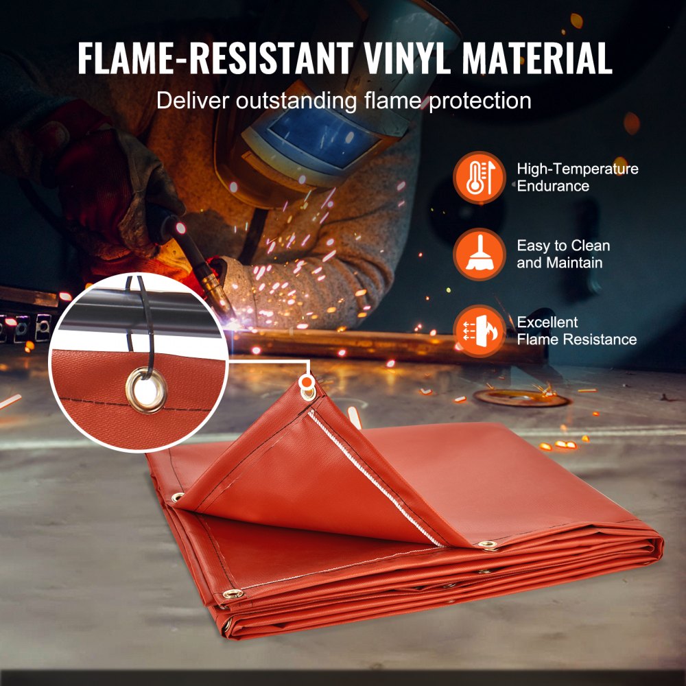 Welding Screen with Frame, 6` x 8` Welding Curtain Screens, Flame-Resistant Vinyl Welding Protection Screen with 4 Swivel Wheels (2 Lockable) & Transparent Window for Workshop/Industrial, Red