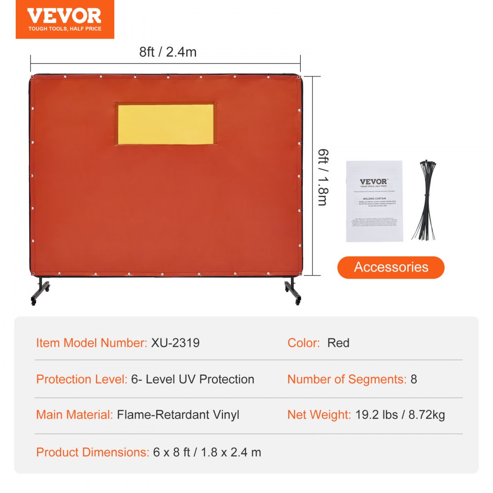 Welding Screen with Frame, 6` x 8` Welding Curtain Screens, Flame-Resistant Vinyl Welding Protection Screen with 4 Swivel Wheels (2 Lockable) & Transparent Window for Workshop/Industrial, Red