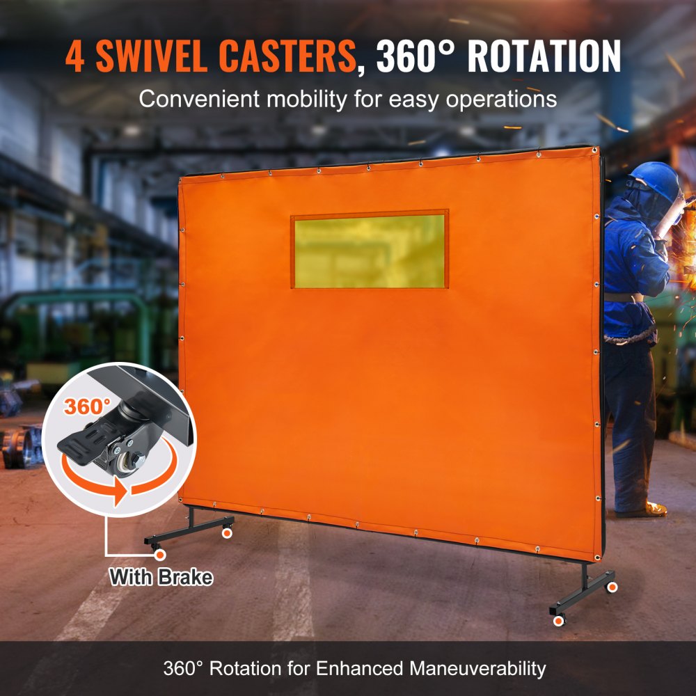 Welding Screen with Frame, 6` x 8` Welding Curtain Screens, Flame-Resistant Vinyl Welding Protection Screen with 4 Swivel Wheels (2 Lockable) & Transparent Window for Workshop/Industrial, Yellow