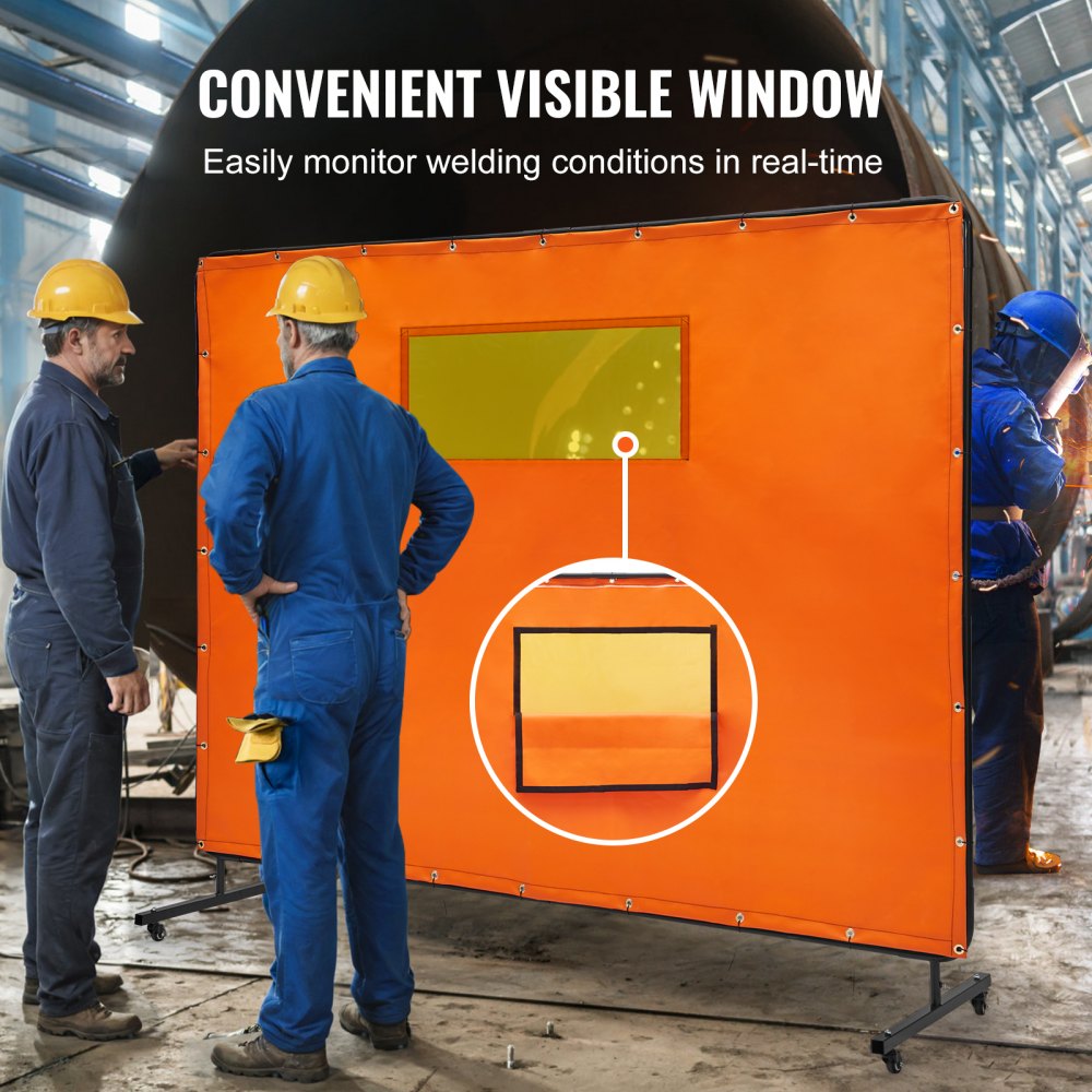 Welding Screen with Frame, 6` x 8` Welding Curtain Screens, Flame-Resistant Vinyl Welding Protection Screen with 4 Swivel Wheels (2 Lockable) & Transparent Window for Workshop/Industrial, Yellow