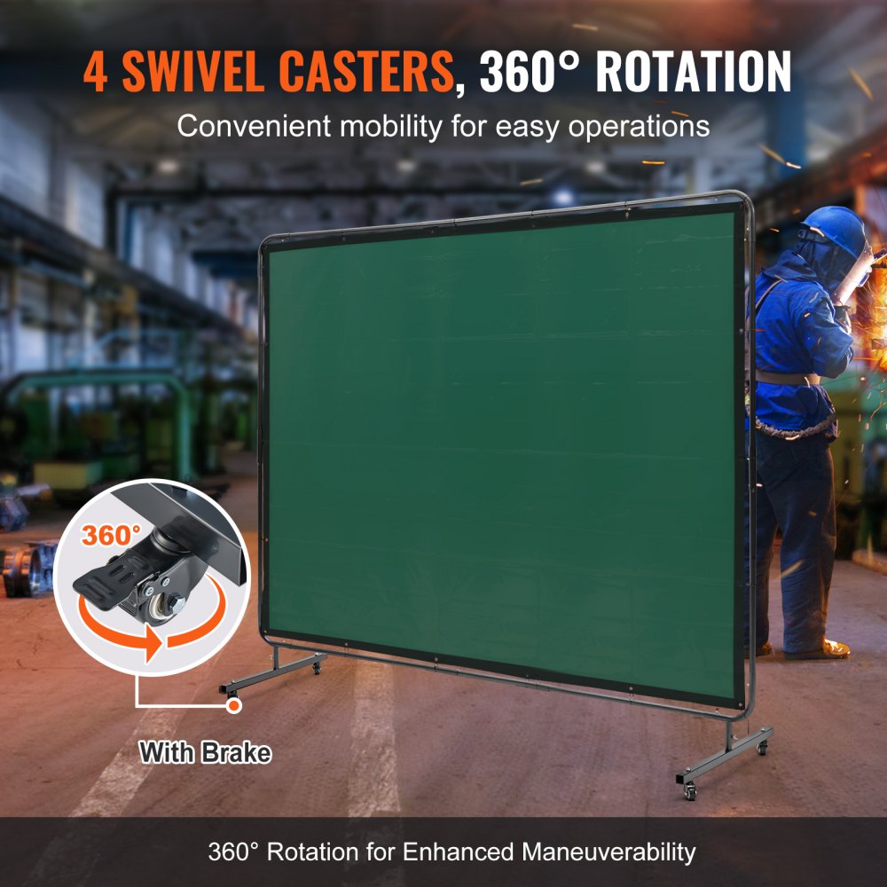 Welding Screen with Frame, 6` x 8` Welding Curtain Screen, Flame-Resistant Vinyl Welding Protection Screen on 4 Swivel Wheels (2 Lockable), Moveable & Professional for Workshop/Industrial, Green