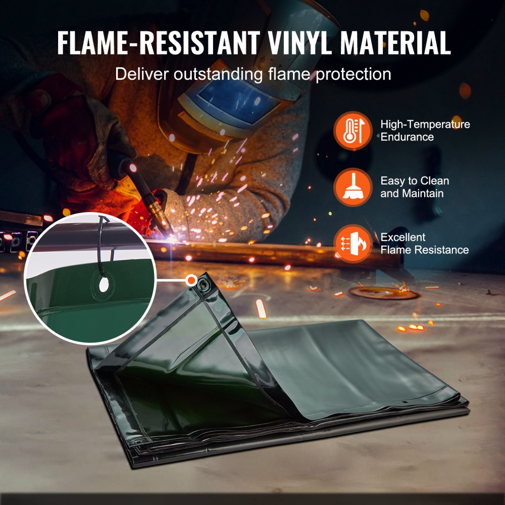 Welding Screen with Frame, 6` x 8` Welding Curtain Screen, Flame-Resistant Vinyl Welding Protection Screen on 4 Swivel Wheels (2 Lockable), Moveable & Professional for Workshop/Industrial, Green