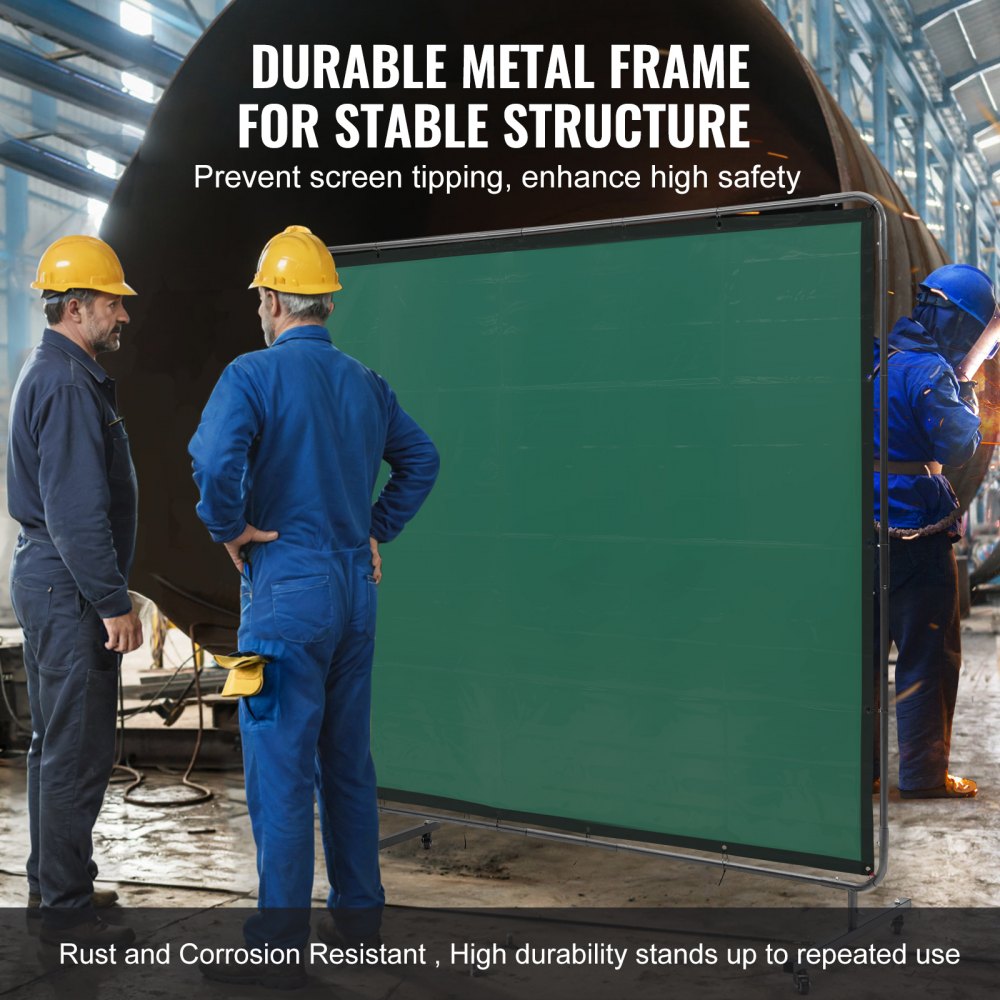 Welding Screen with Frame, 6` x 8` Welding Curtain Screen, Flame-Resistant Vinyl Welding Protection Screen on 4 Swivel Wheels (2 Lockable), Moveable & Professional for Workshop/Industrial, Green