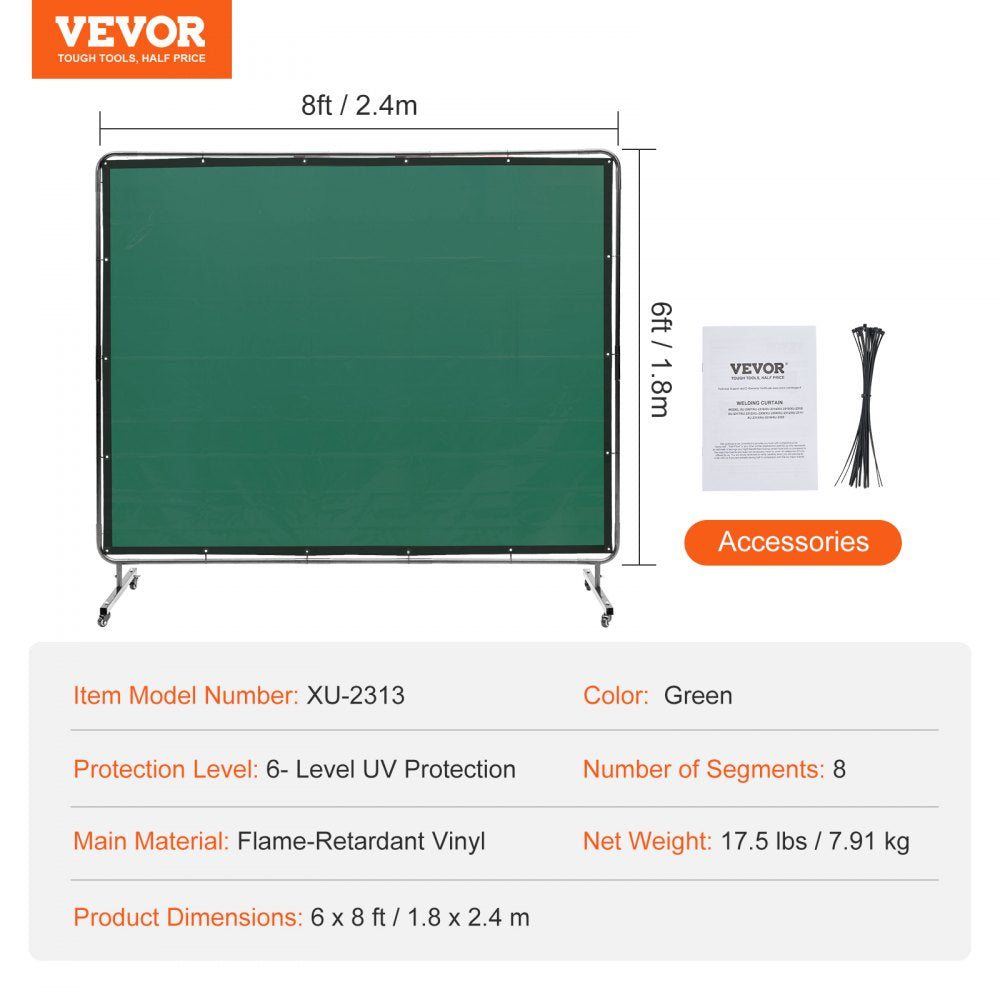 Welding Screen with Frame, 6` x 8` Welding Curtain Screen, Flame-Resistant Vinyl Welding Protection Screen on 4 Swivel Wheels (2 Lockable), Moveable & Professional for Workshop/Industrial, Green