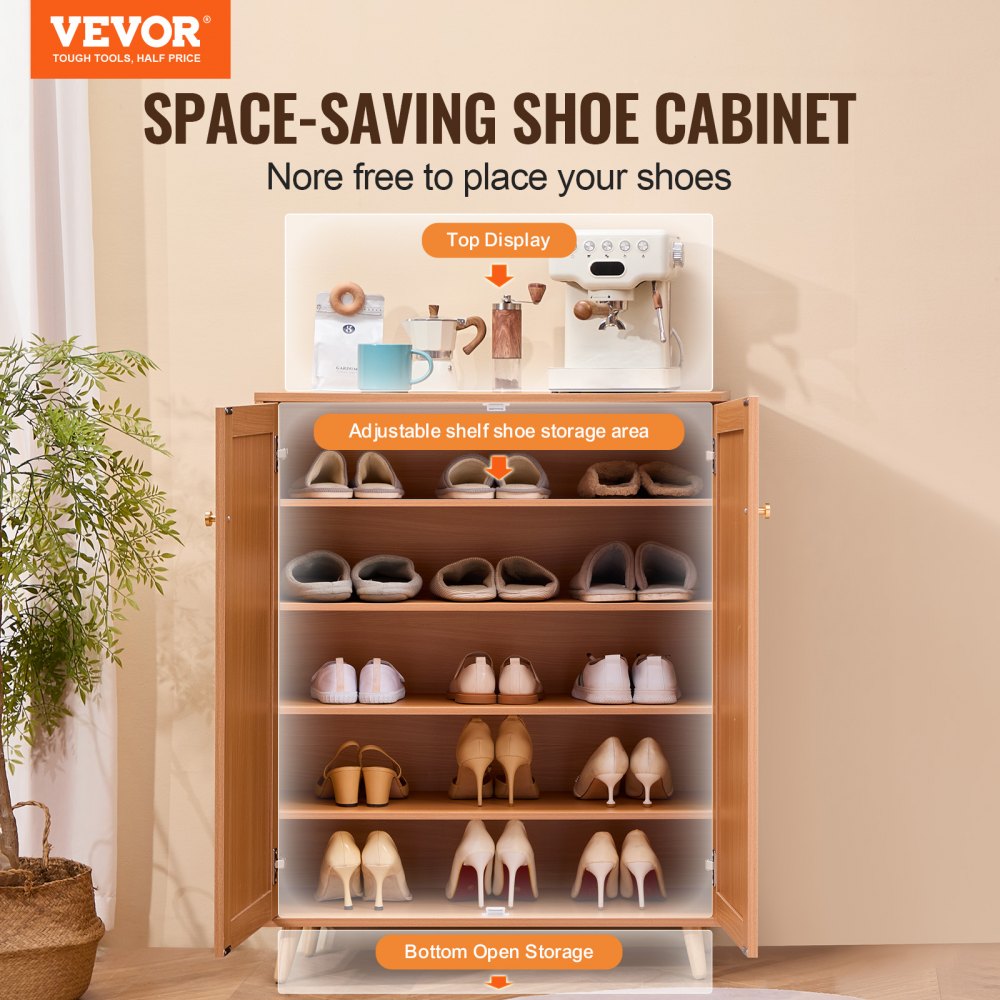 Rattan Shoe Cabinet 5 Tiers Shoe Organizer 2 Doors & Adjustable Shelves