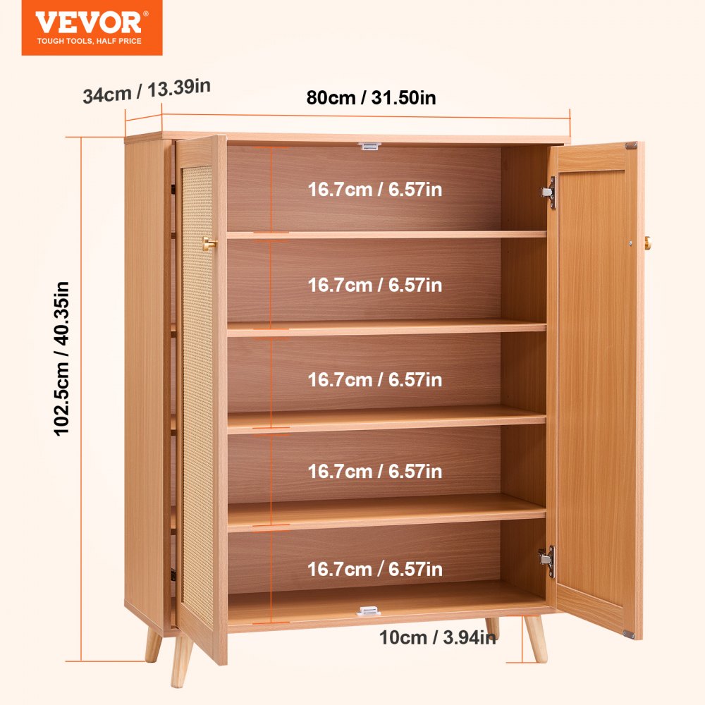 Rattan Shoe Cabinet 5 Tiers Shoe Organizer 2 Doors & Adjustable Shelves