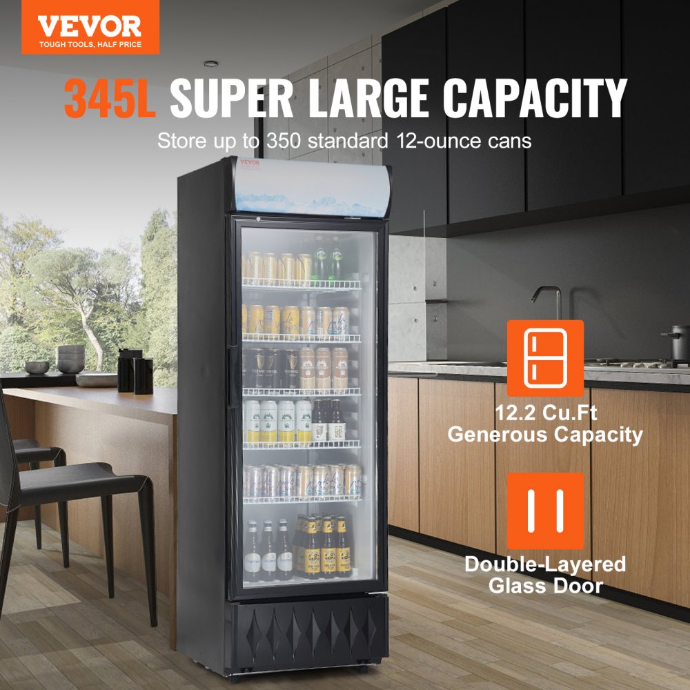 Commercial Merchandiser Refrigerator, 12.2 Cu.Ft / 345L Beverage Refrigerator Cooler Merchandiser, Glass Door Display Refrigerator Upright Fridge with 5 Adjustable Shelves, Customizable Lightbox
