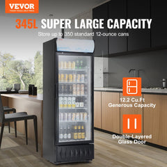 Commercial Merchandiser Refrigerator, 12.2 Cu.Ft / 345L Beverage Refrigerator Cooler Merchandiser, Glass Door Display Refrigerator Upright Fridge with 5 Adjustable Shelves, Customizable Lightbox