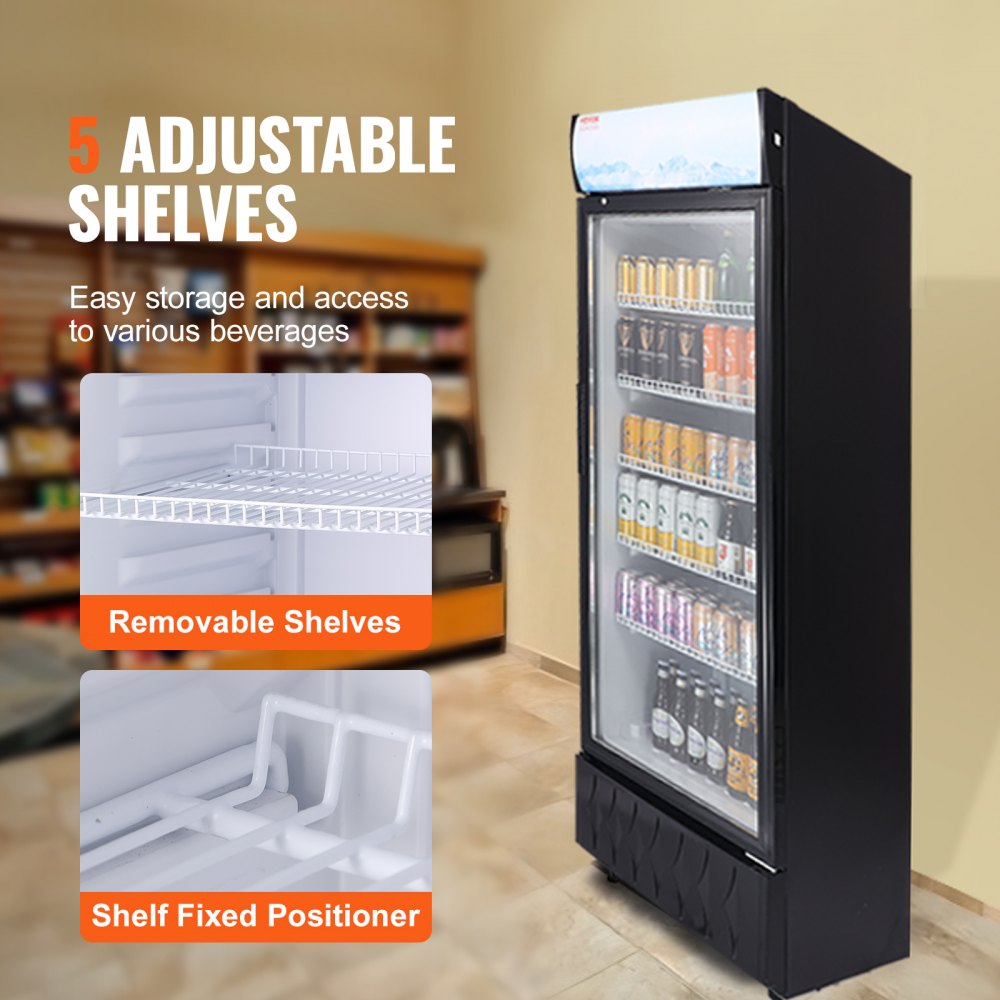 Commercial Merchandiser Refrigerator, 12.2 Cu.Ft / 345L Beverage Refrigerator Cooler Merchandiser, Glass Door Display Refrigerator Upright Fridge with 5 Adjustable Shelves, Customizable Lightbox