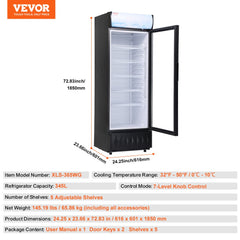 Commercial Merchandiser Refrigerator, 12.2 Cu.Ft / 345L Beverage Refrigerator Cooler Merchandiser, Glass Door Display Refrigerator Upright Fridge with 5 Adjustable Shelves, Customizable Lightbox