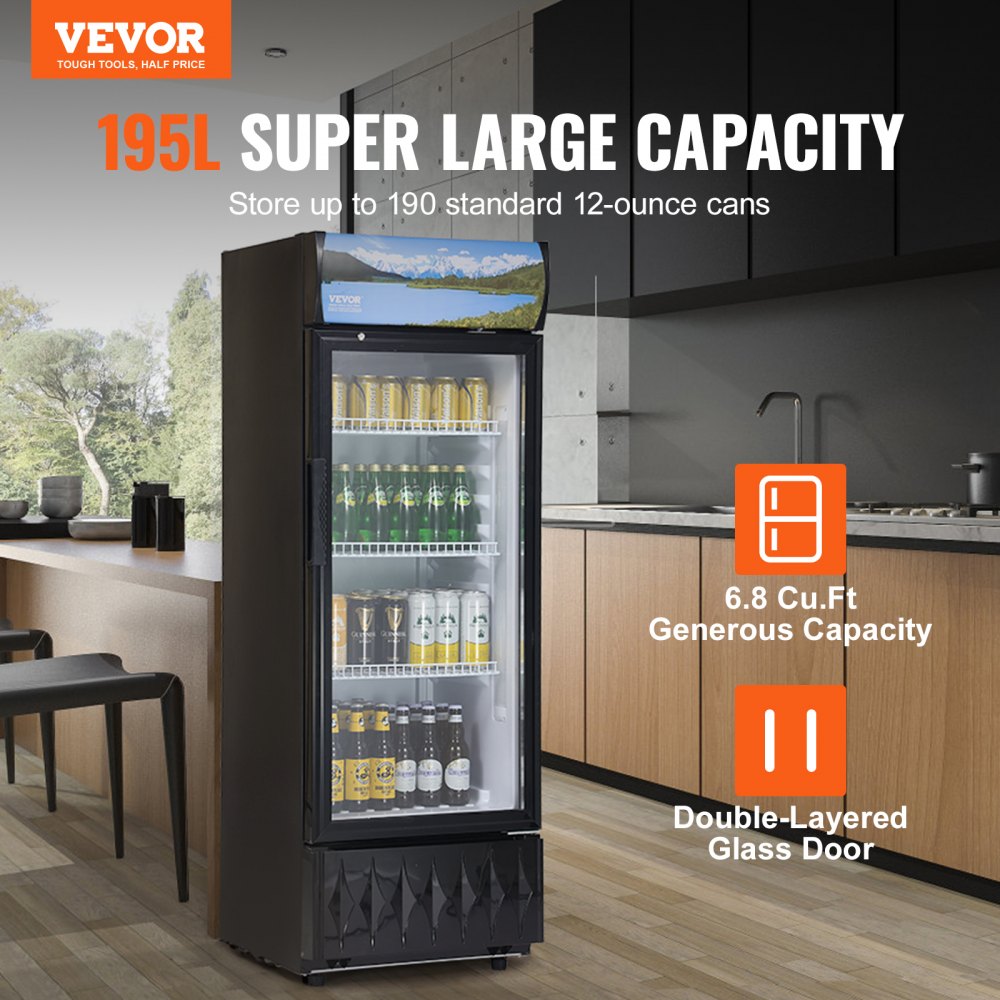 Commercial Merchandiser Refrigerator, 6.8 Cu.Ft / 195L Beverage Refrigerator Cooler Merchandiser, Glass Door Display Refrigerator Upright Fridge with 3 Adjustable Shelves, Customizable Lightbox