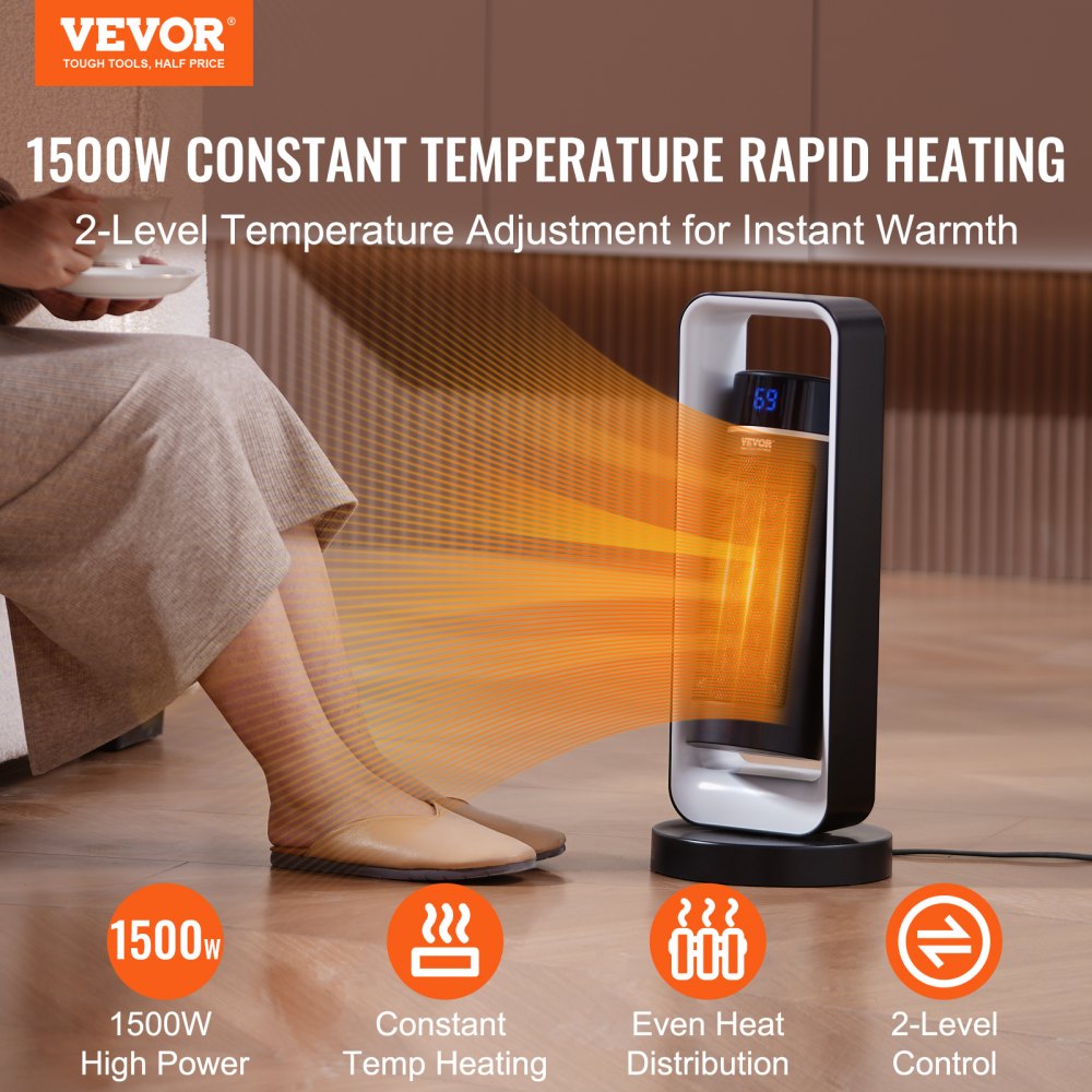Bostome 1500W ceramic space heater with remote control and safety features in a compact design.