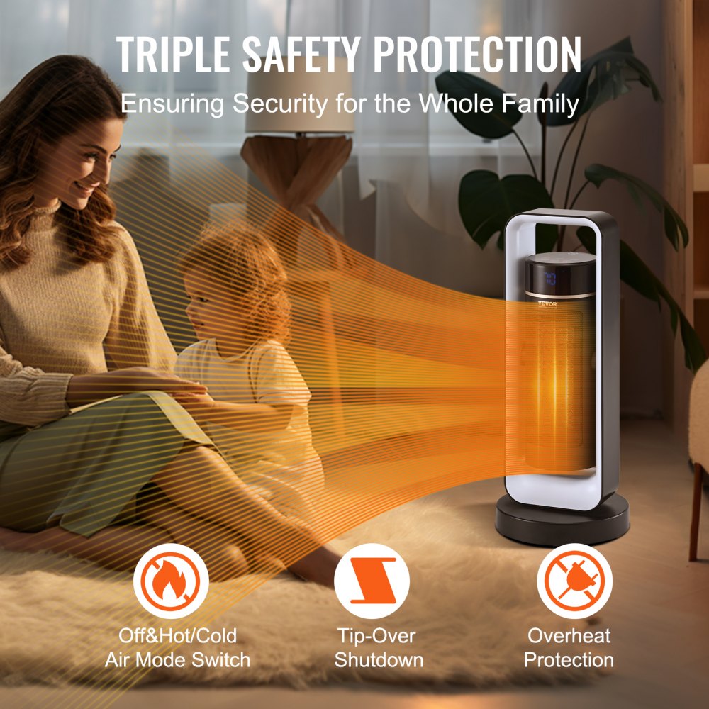 Bostome 1500W ceramic space heater with remote control and safety features in a compact design.