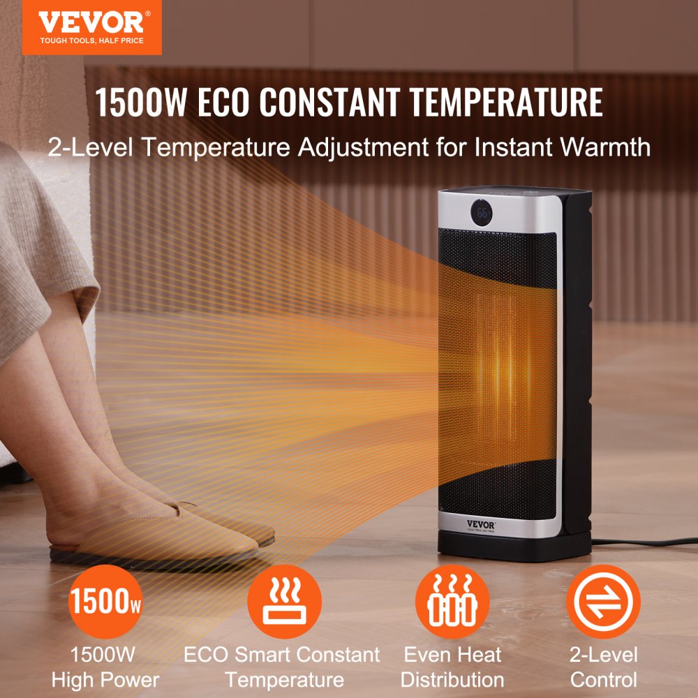 Bostome 1500W ceramic space heater with remote control and overheat protection features.