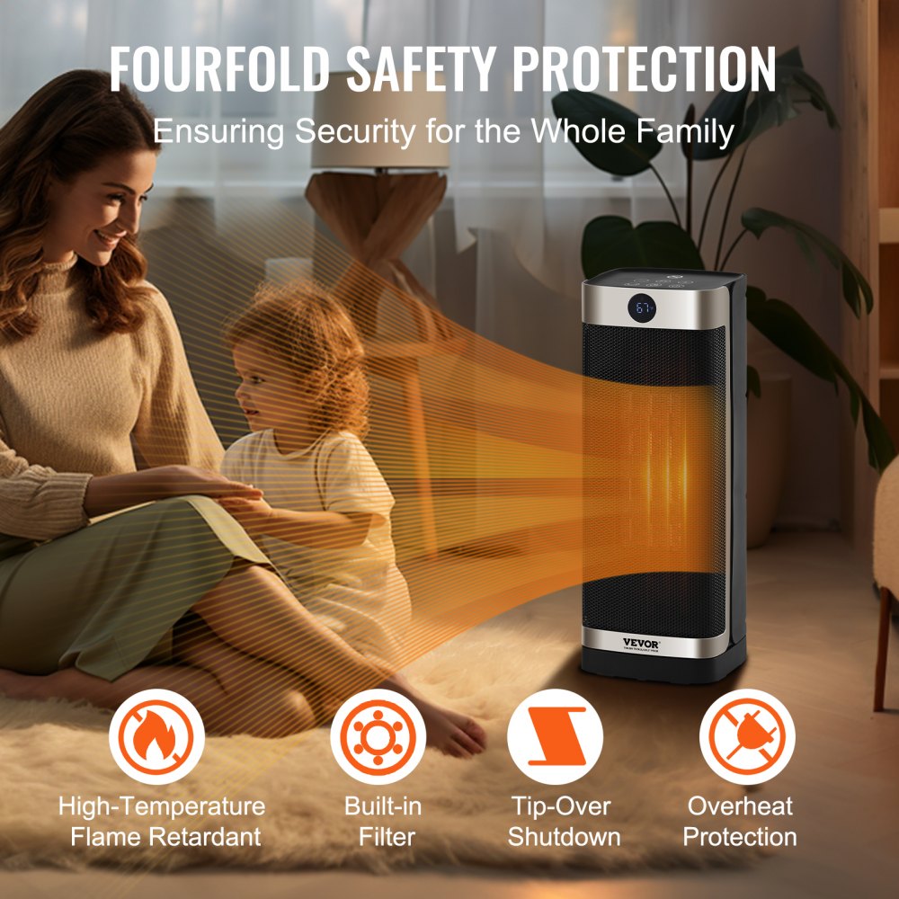 Bostome 1500W ceramic space heater with remote control and safety features for efficient heating.