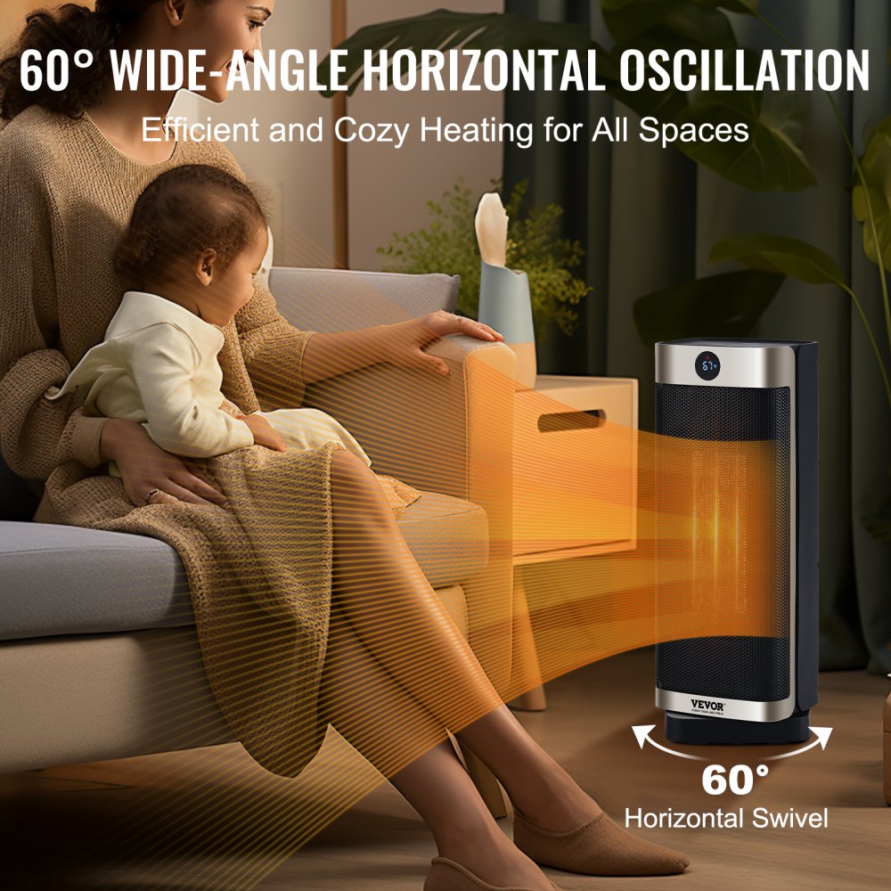 Bostome 1500W ceramic space heater with remote control and safety features in a compact design.