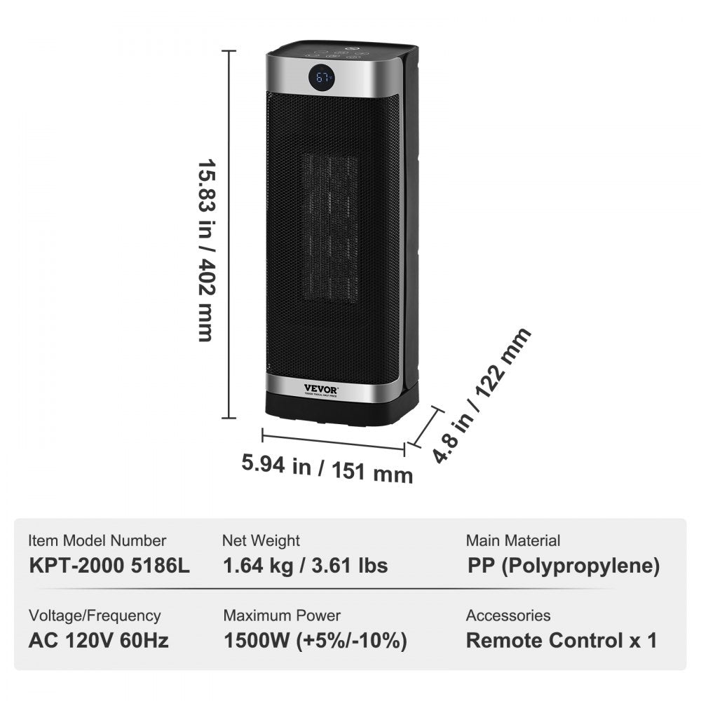 Bostome 1500W ceramic space heater with remote control and safety features in a compact design.