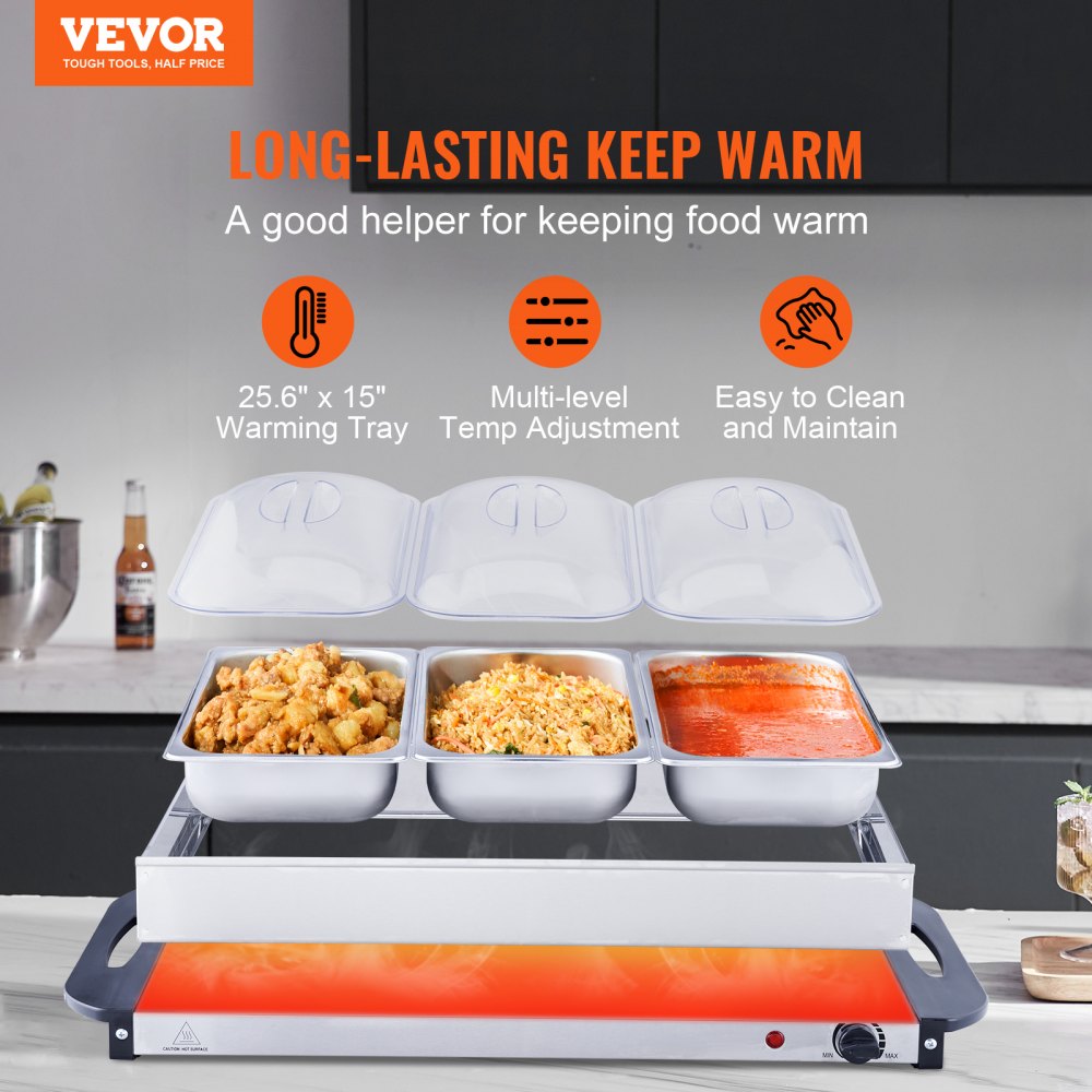 Electric Buffet Server & Food Warmer, 25.6" x 15" Portable Stainless Steel Chafing Dish Set with Temp Control & Oven-Safe Pan, Perfect for Catering, Parties, Events, Entertaining, Silver, ETL
