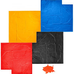 Set of four 24x24-inch polyurethane slate concrete stamp mats in red, yellow, blue, black, and orange.