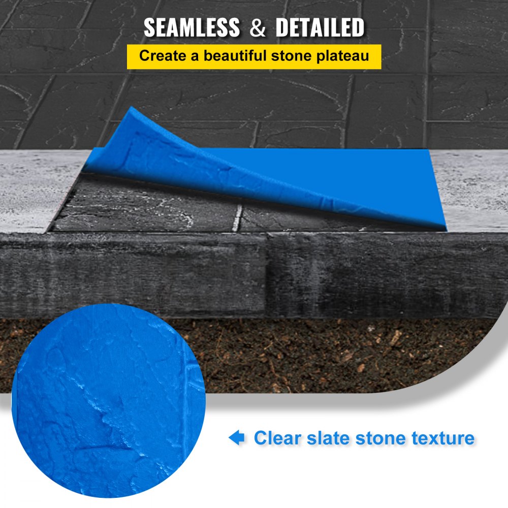 Set of four 24x24 polyurethane mats for stamping slate concrete textures, shown in blue with clear stone pattern.