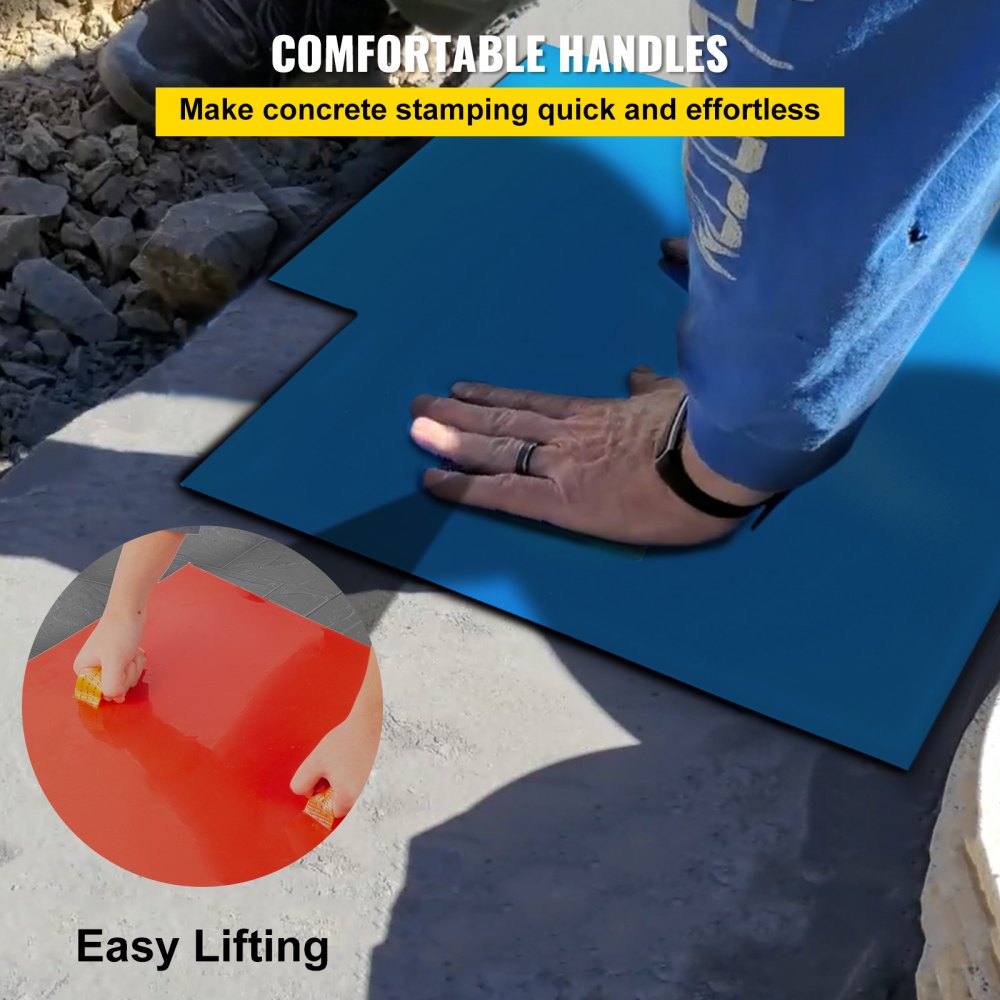 Four 24x24-inch polyurethane slate concrete stamp mats with comfortable handles for easy lifting.