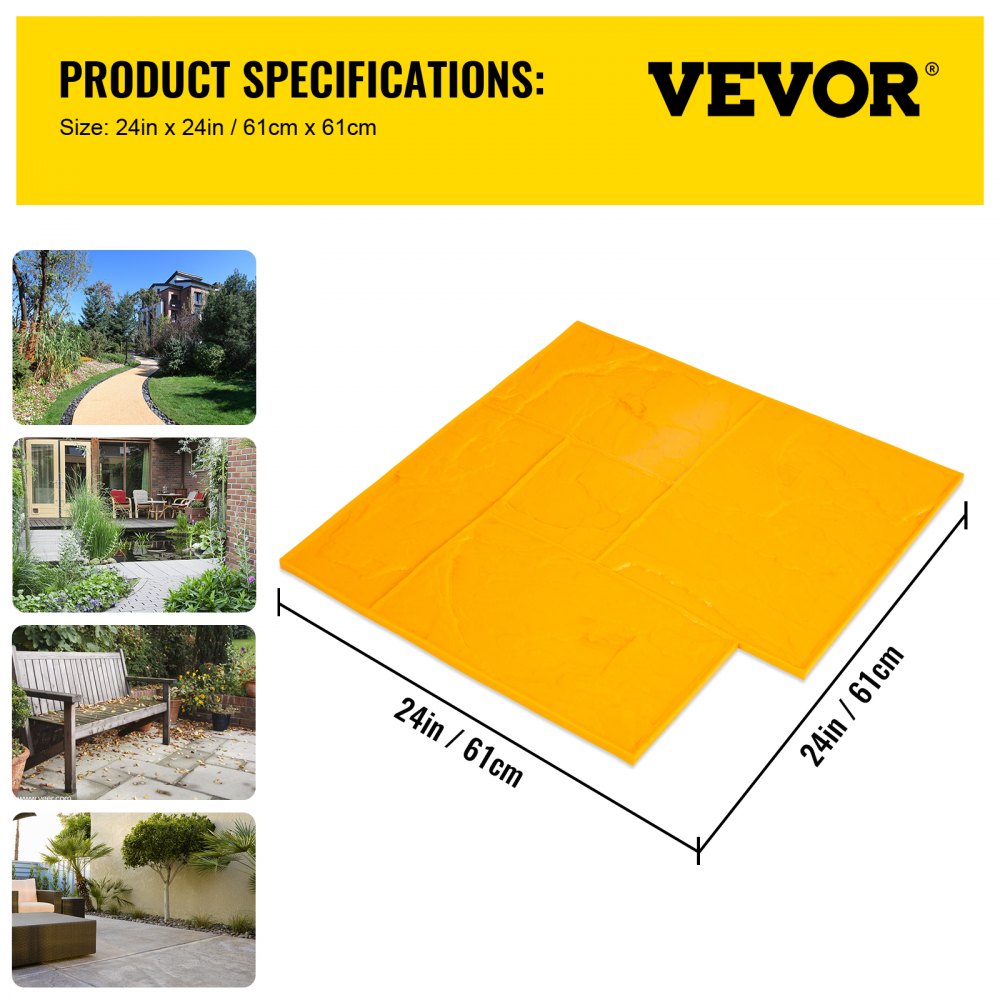 Four-piece set of 24x24-inch polyurethane slate concrete stamp mats in yellow, shown with size dimensions and example applications on patios.