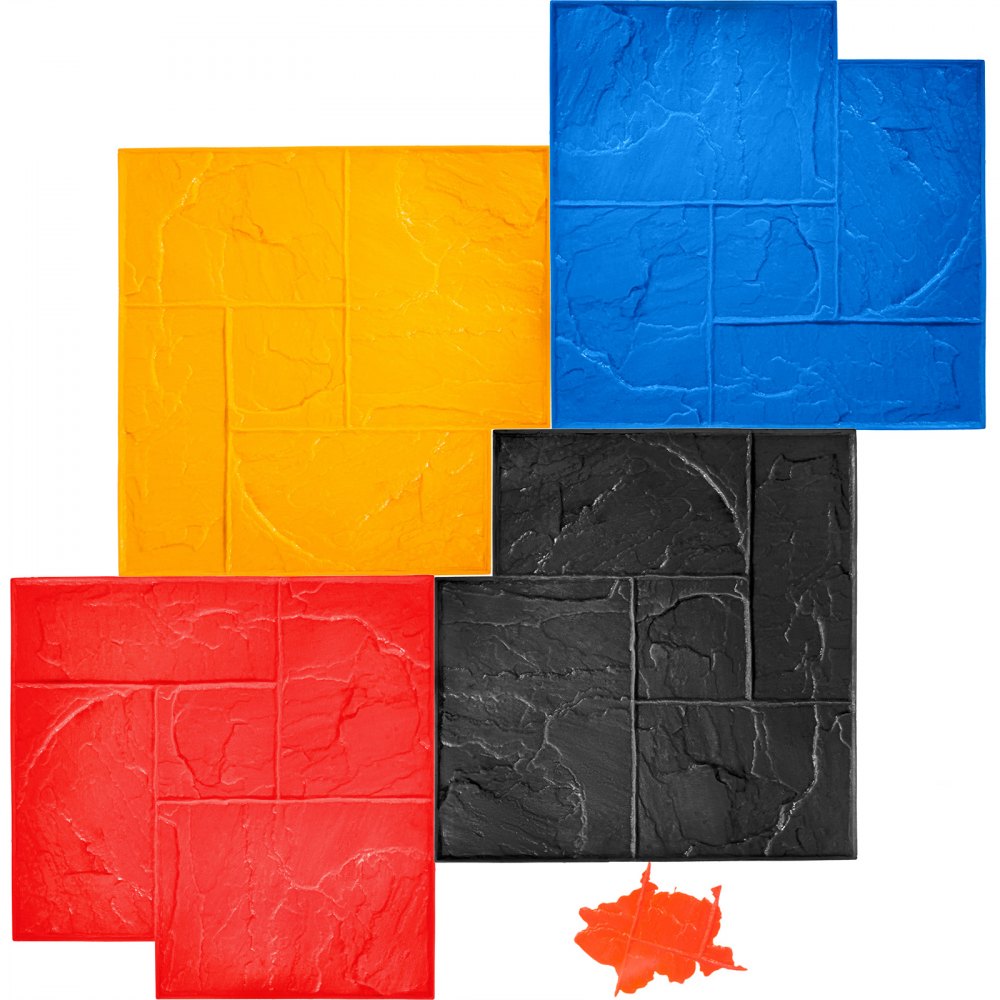 Four colorful polyurethane slate concrete stamp mats in yellow, blue, red, and black.