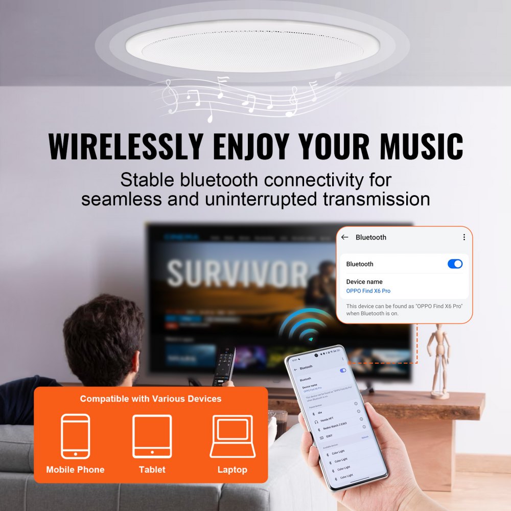 6.5`` Bluetooth in Ceiling Speakers, 150W, Flush Mount Ceiling & in-Wall Speaker System with 8ΩImpedance 89dB Sensitivity, for Home Kitchen Living Room Bedroom or Covered Outdoor Porches, Single