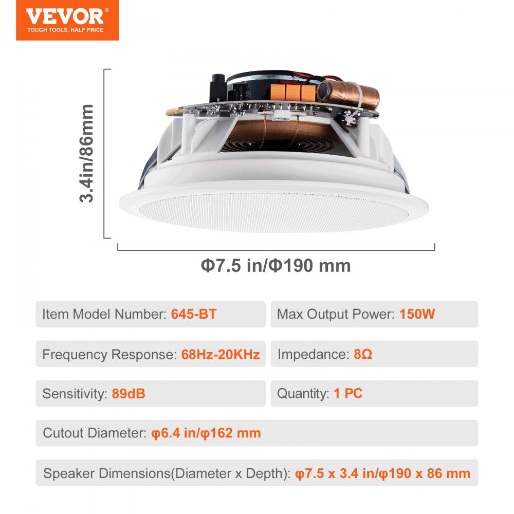 6.5`` Bluetooth in Ceiling Speakers, 150W, Flush Mount Ceiling & in-Wall Speaker System with 8ΩImpedance 89dB Sensitivity, for Home Kitchen Living Room Bedroom or Covered Outdoor Porches, Single