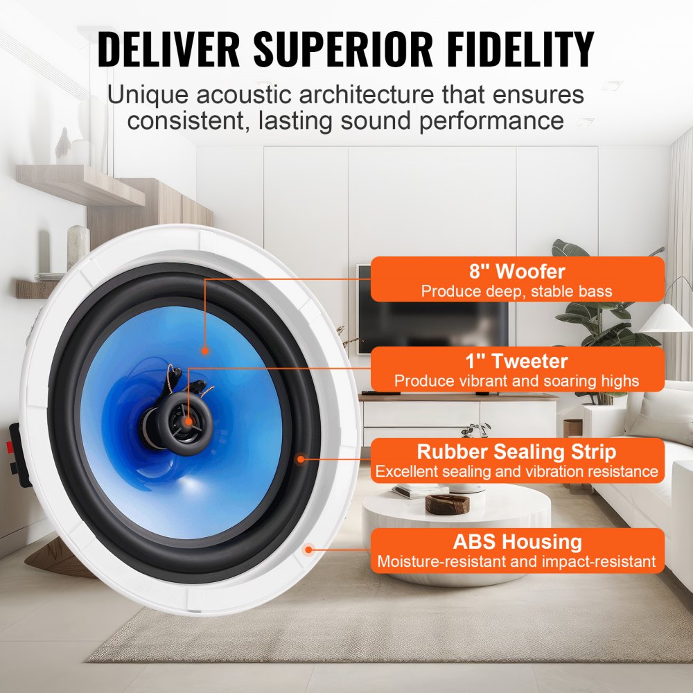 2 PCs 8 Inch in Ceiling Speakers, 50-Watts, Flush Mount Ceiling & in-Wall Speakers System with 8ΩImpedance 89dB Sensitivity, for Home Kitchen Living Room Bedroom or Covered Outdoor Porches