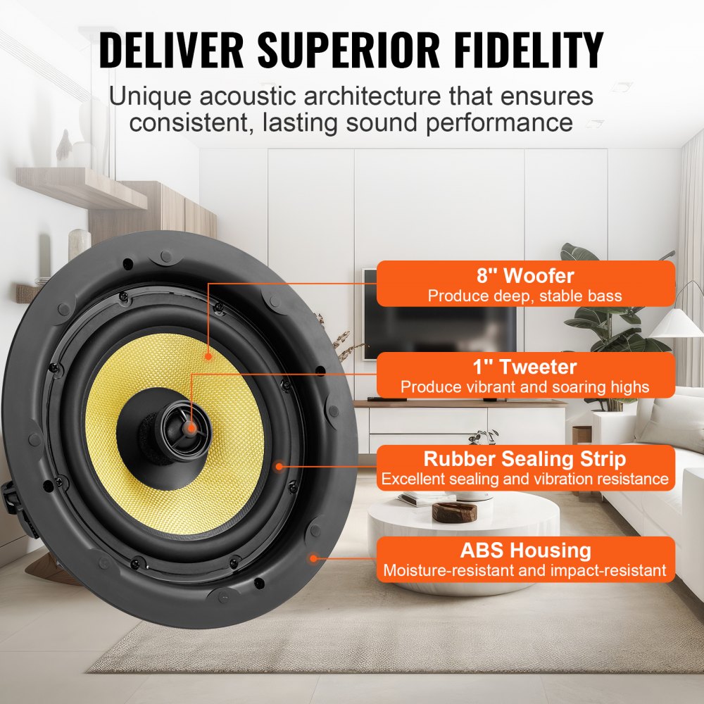 8 Inch in Ceiling Speakers, 200-Watts, Flush Mount Ceiling & in-Wall Speakers System with 8ΩImpedance 89dB Sensitivity, for Home Kitchen Living Room Bedroom or Covered Outdoor Porches, Single
