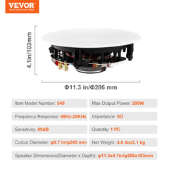 8 Inch in Ceiling Speakers, 200-Watts, Flush Mount Ceiling & in-Wall Speakers System with 8ΩImpedance 89dB Sensitivity, for Home Kitchen Living Room Bedroom or Covered Outdoor Porches, Single