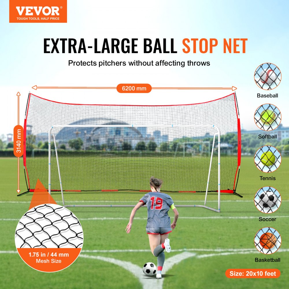 Barricade Backstop Net, 20x10 ft Ball Sports Barrier Netting, Portable Practice Equipment with Carry Bag, Protection Screen for Baseball Softball Lacrosse Soccer Hockey Training, for Backyard