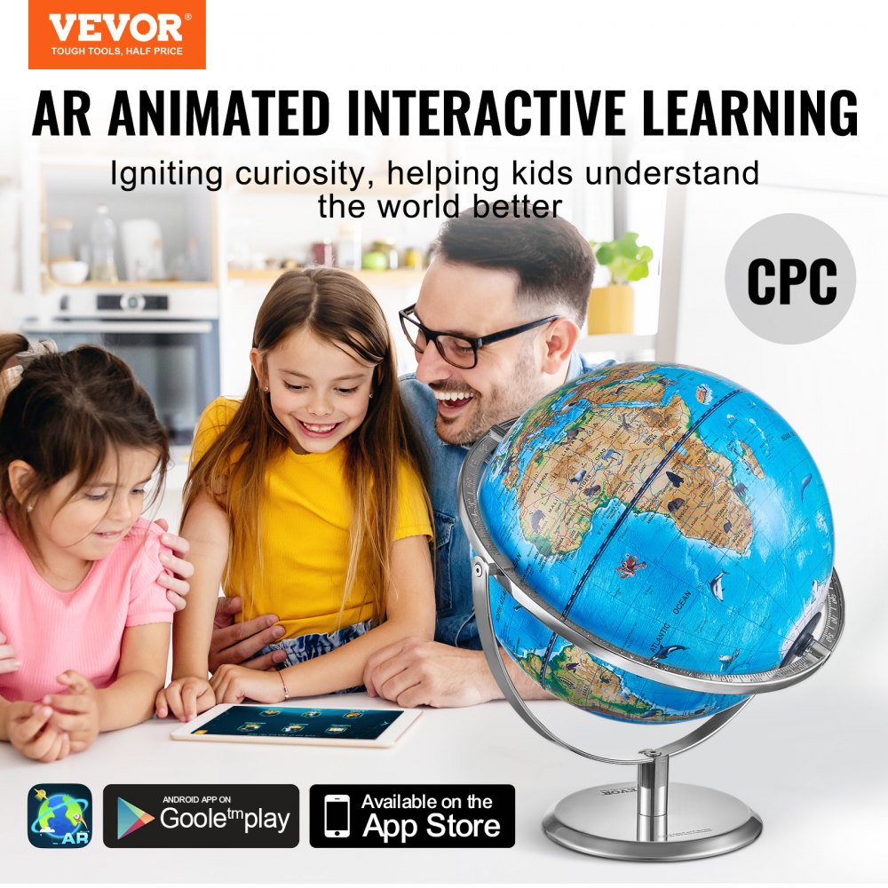 Educational Globe for Kids, 10 in/254 mm, Interactive AR World Globe with AR Golden Globe APP LED Night Lighting 720° Rotation, STEM Toy Gifts for Kids Compatible with Android or iOS Devices