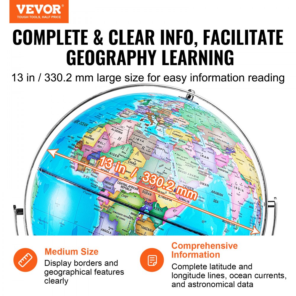 Rotating World Globe with Stand, 13 in/330.2 mm, Educational Geographic Globe with Precise Time Zone ABS Material, 720° Spinning Globe for Kids Children Learning Classroom Geography Education