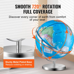 Rotating World Globe with Stand, 13 in/330.2 mm, Educational Geographic Globe with Precise Time Zone ABS Material, 720° Spinning Globe for Kids Children Learning Classroom Geography Education